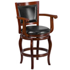 Flash Furniture 26" High Cherry Wood Counter Height Stool with Arms, Panel Back & Black LeatherSoft Swivel Seat-Counter Height