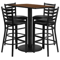 Flash Furniture 24''W x 42''L Rectangle Walnut Laminate Rd Base Table Set with 4 Ladder Back Metal Bar Stools, Black Vinyl Seat-Black Powder Coated Chair and Table Frame