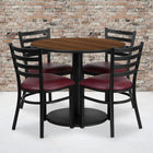 Flash Furniture 36" Round Walnut Laminate Table Set with Round Base & 4 Ladder Back Metal Chairs - Burgundy Vinyl Seat-Set Includes 4 Chairs, Round Table Top and Round Base