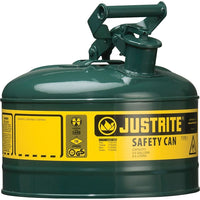 Justrite Type I Safety Cans without Funnel, 1 Gal, 9 1/2" x 11", Green-Compliant Type I Safety Cans are designed with a single spout for filling and pouring of all types of flammable liquids