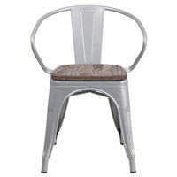 Flash Furniture Silver Metal Chair with Wood Seat & Arms-Set of 4 Stackable Bistro Style Chairs