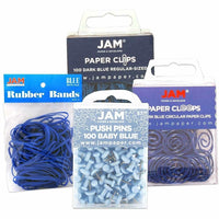 JAM Paper Office Supply Assortment, 1 pack Rubber Bands, Push Pins, Paper Clips, Round Paperclips, Blue, 4/Pack (3224BUOASRT)-Assortment of Four Different Blue Office Supplies