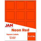 JAM Paper Square Address Labels - 2" x 2" - Neon Red - 120 Pack -English only packaging