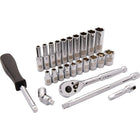 Dynamic Tools 1/4" Drive 25 Piece 6 Point, SAE Standard/Deep Socket Set, 3/16" - 9/16"-Contains: 10 Standard SAE Sockets: 3/16", 7/32", 1/4", 9/32", 5/16", 11/32", 3/8", 7/16", 1/2", 9/16", 10 Deep SAE Sockets: 3/16", 7/32", 1/4", 9/32", 5/16", 11/32", 3/8", 7/16", 1/2", 9/16", 2" & 6" Extensions, Hand Driver, Universal Joint, 45 Tooth Chrome Ratchet
