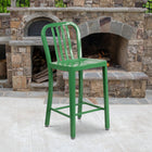 Flash Furniture 24" High Green Metal Indoor-Outdoor Counter Height Stool with Vertical Slat Back-Adjustable Floor Glides