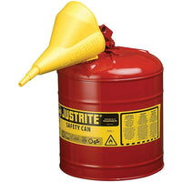 Justrite Type I Safety Cans with Funnel, 5 Gal, 11 3/4" x 16 7/8", Red-Compliant Type I Safety Cans are designed with a single spout for filling and pouring of all types of flammable liquids