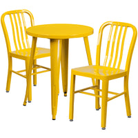 24'' Round Yellow Metal Indoor-Outdoor Table Set with 2 Vertical Slat Back Chairs [CH-51080TH-2-18VRT-YL-GG]-Metal Cafe Table