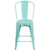 Flash Furniture Commercial Grade 24" High Mint Green Metal Indoor-Outdoor Counter Height Stool with Back-Set of 4 Bistro Style Counter Stools