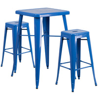 Flash Furniture Metal Indoor/Outdoor Bar Table Set with 2 Backless Barstools, Blue (CH31330B230SQBL)-Blue/Metal, Plastic, Rubber