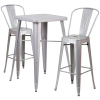 Flash Furniture 23.75" Square Silver Metal Indoor-Outdoor Bar Table Set with 2 Stools with Backs-Bar Height Table and Stool Set