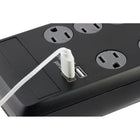 GE 10 Outlet Surge Protector with USB - 3000 J - 2 Ports - 6 ft - Black-Extended Reach - The extra-long 6ft. extension cord allows you to plug in devices from a distance while the space-saving flat plug allows you to use this surge protector in the tightest of spaces, even behind furniture and media