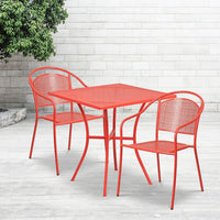 28'' Square Coral Indoor-Outdoor Steel Patio Table Set with 2 Round Back Chairs [CO-28SQ-03CHR2-RED-GG]-Set Includes Table and 2 Chairs