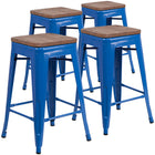 Flash Furniture 24" High Backless Metal Counter Height Stool with Square Wood Seat - Blue-Set of 4 Stackable Industrial Style Modern Stools