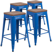 Flash Furniture 24" High Backless Metal Counter Height Stool with Square Wood Seat - Blue-Set of 4 Stackable Industrial Style Modern Stools
