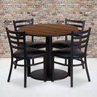 Flash Furniture 36" Round Walnut Laminate Table Set with Round Base & 4 Ladder Back Metal Chairs - Black Vinyl Seat-Set Includes 4 Chairs, Round Table Top and Round Base
