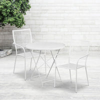 30'' Round White Indoor-Outdoor Steel Folding Patio Table Set with 2 Square Back Chairs [CO-30RDF-02CHR2-WH-GG]-Set Includes Folding Table and 2 Chairs