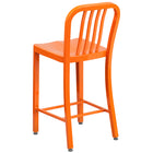 Flash Furniture 24" High Orange Metal Indoor-Outdoor Counter Height Stool with Vertical Slat Back-Orange Powder Coat Finish