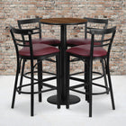 Flash Furniture 24'' Round Walnut Laminate Table Set with Round Base and 4 Ladder Back Metal Bar Stools, Burgundy Vinyl Seat-Set Includes 4 Bar Stools, Round Table Top and Round Base