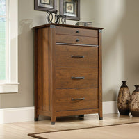 Sauder Carson Forge Chest Of Drawers, Washington Cherry-The Carson Forge 4-Drawer Chest has drawers with metal runners and safety stops that feature patented T-lock assembly system.