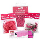 JAM Paper Desk Supply Pack, Pink, 1 Rubber Bands 1 Binder Clips 1 Coloured Staples 1 Regular Paperclips (3345PIASRTD)-Assortment of Four Different Pink Desk Supplies