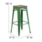 Flash Furniture 30" High Backless Green Metal Barstool with Square Wood Seat-Textured Walnut Elm Wood Seat