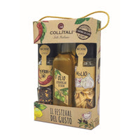 Collitali Infused Italian Extra Virgin Olive Oil and Spices Gift Set-This Extra-virgin Olive oil gift set from Collitali features a selection of garlic flakes (18g), extra virgin olive oil (100ml), and chilli pepper (23g). This set is ideal with pizza, pasta and salads.