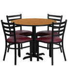 Flash Furniture 36" Round Natural Laminate Table Set with X-Base & 4 Ladder Back Metal Chairs - Burgundy Vinyl Seat-Table and Chair Set