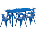 Flash Furniture 31.5'' x 63'' Rectangular Blue Metal Indoor-Outdoor Table Set with 6 Arm Chairs (ET-CT005-6-70-BL-GG)-Seats 6 people