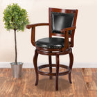 Flash Furniture 26" High Cherry Wood Counter Height Stool with Arms, Panel Back & Black LeatherSoft Swivel Seat-Curved Arms