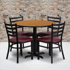 Flash Furniture 36" Round Natural Laminate Table Set with X-Base & 4 Ladder Back Metal Chairs - Burgundy Vinyl Seat-Set Includes 4 Chairs, Round Table Top and X-Base