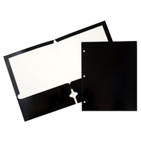 JAM Paper 2 Pocket Laminated Glossy 3 Hole Punched School Folders, Black, 25 Pack-Black Glossy Cardstock Folders