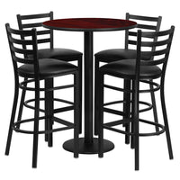 Flash Furniture 30" Round Mahogany Laminate Table Set with Round Base & 4 Ladder Back Metal Barstools - Black Vinyl Seat-Bar Height Table and Stool Set