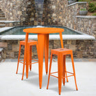 Flash Furniture Commercial Grade 30" Round Orange Metal Indoor-Outdoor Bar Table Set with 2 Square Seat Backless Stools-Set Includes Table and 2 Stools