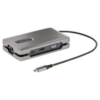 StarTech USB-C Multiport Adapter with USB-C Video/4K HDMI/VGA - Dual Monitor Docking Station-7-IN-1 multiport adapter: Single or Multi Monitor DP 1.4 Alt Mode, HDMI 2.0b, VGA, USB-C port with DP Alt Mode for video or 10Gbps Data, plus 2 x USB-A 3.2 Gen 2 10Gbps hub, 100W USB PD Pass-Through (88W laptop charging), Gigabit Ethernet