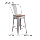 Flash Furniture 24" High Silver Metal Counter Height Stool with Back & Wood Seat-Floor Protector Plastic Glides