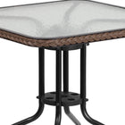 Flash Furniture 28" Square Glass Metal Table with Dark Brown Rattan Edging & 4 Dark Brown Rattan Stack Chairs-Designed for Indoor and Outdoor Use