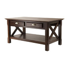 Winsome Xola Coffee Table With 2 Drawers, Cappuccino-Xola line is named for the contemporary X design of these occasional tables.  The coffee table is  18" H. x 37" L. x 21" W.  It has 2 storage Drawers with brushed pewter finish pulls.  Inside Drawer dimension 1.85" H. x 10.67" W. x 14.80" D.  The bottom shelf size 31.10" W. x 17.48"  D.  is great for storing books, magazines, games or display artwork. Solid and composite wood sturdy constructions in finished in rich cappuccino stain.  Assembly Required.
