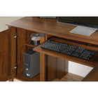 Sauder 66"W Carson Forge Corner Computer Desk - Washington Cherry- Features of this office desk include:   Slide-out keyboard/mouse shelf with metal runners and safety stops