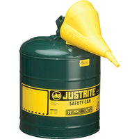 Justrite Type I Safety Cans with Funnel, 5 Gal." x 11 3/4" x 16 7/8", Green-Compliant Type I Safety Cans are designed with a single spout for filling and pouring of all types of flammable liquids