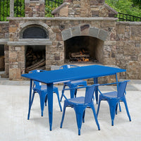 Flash Furniture 31.5'' x 63'' Rectangular Blue Metal Indoor-Outdoor Table Set with 4 Arm Chairs (ET-CT005-4-70-BL-GG)-Galvanized Steel, Metal, Rubber