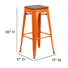 Flash Furniture 30" High Backless Orange Metal Barstool with Square Wood Seat-Textured Walnut Elm Wood Seat