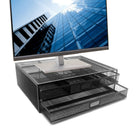 ShoppingAll Mesh Metal Monitor Stand Riser and Desk Organizer with Drawers - Black-The tray measures 15.8"L x 11.8"W x 4.7”H (40cm x 30cm x 12cm), ideal size for usage in office and home