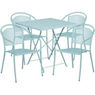 28'' Square Sky Blue Indoor-Outdoor Steel Folding Patio Table Set with 4 Round Back Chairs [CO-28SQF-03CHR4-SKY-GG]-Sky Blue Powder Coat Finish
