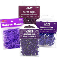 JAM Paper Office Supply Assortment, 1 pack Rubber Bands, Push Pins, Paper Clips, Round Paperclips, Purple, 4/pack (3224PUOASRT)-Assortment of Four Different Purple Office Supplies