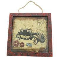 Art mural en bois rétro avec cadre, voiture-1