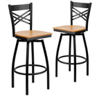 Flash Furniture Hercules Series Black "X" Back Swivel Metal Bar Stool, Natural Wood Seat, 2 Pack-"X" Back Design