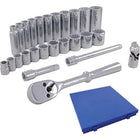 Gray Tools 26 Piece 3/8" Drive 12 Point Metric, Standard & Deep, Chrome Socket & Attachment Set-Contains: Standard 9, 10, 11, 12, 13, 14, 15, 16, 17, 18, 19mm sockets, Deep 9, 10, 11, 11, 12, 13, 14, 15, 16, 17, 18, 19mm sockets, Reversible Ratchet, U-Joint, 3" & 6" Extensions.