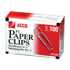 ACCO Steel Smooth Paper Clips - #3 - 15/16" - Silver - 100 Pack-#3 Plain silver paper clips