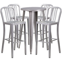24'' Round Silver Metal Indoor-Outdoor Bar Table Set with 4 Vertical Slat Back Barstools [CH-51080BH-4-30VRT-SIL-GG]-Metal Cafe Bar Table