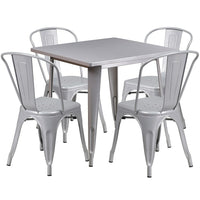Flash Furniture 31.5'' Square Silver Metal Indoor-Outdoor Table Set with 4 Stack Chairs (ET-CT002-4-30-SIL-GG)-Galvanized Steel, Metal, Rubber